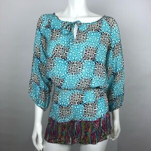 Tolani Boho Tunic Dress-Shirt Top-Silk Women's-Small-Turquoise Blue /Pink/Print